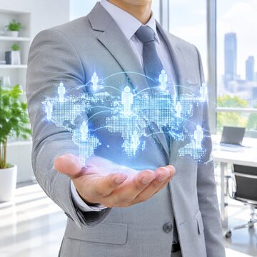 Businessman holding digital world map with connection icons in modern office