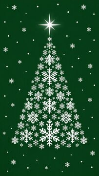 Christmas tree shape made of snowflakes with a star on top on a green background