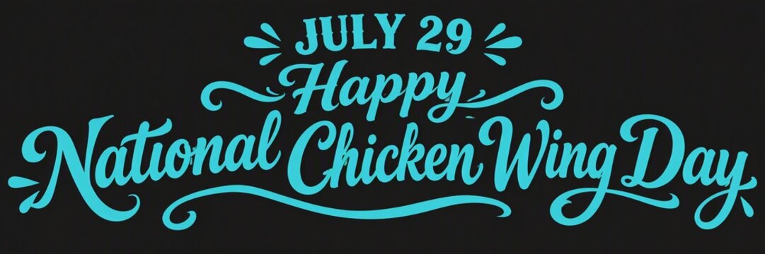 Blue decorative text reading July 29 Happy National Chicken Wing Day on black background