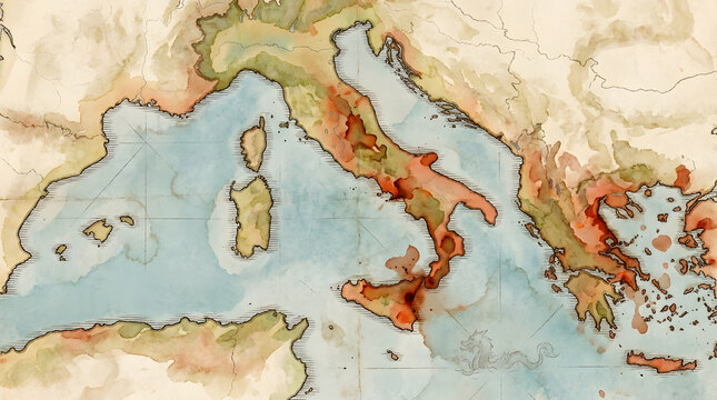 Vintage watercolor Mediterranean map with Italy and Greece regions