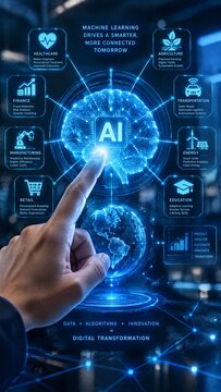 Human hand touching AI digital brain interface highlighting machine learning applications in healthcare, finance, manufacturing, and more