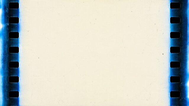 Blank vintage film strip frame with blue glowing edges and empty center