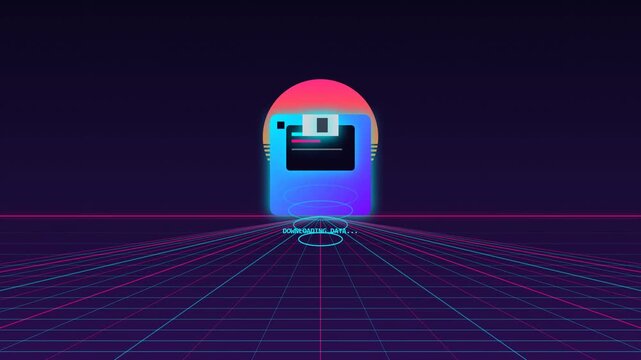 Retro Synthwave Floppy Disk Downloading Data on Neon Grid