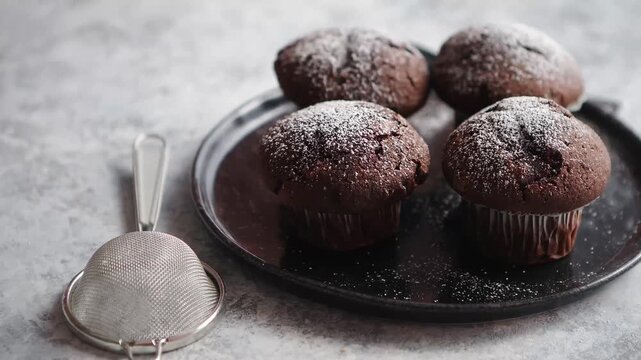 Chocolate muffins dusted with powdered sugar on a black plate beside a metal sifter