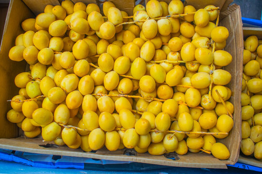 fresh Barhi dates (also known as yellow or Khalal Barhi dates) arranged in cardboard boxes on yellow-green fruit stems.