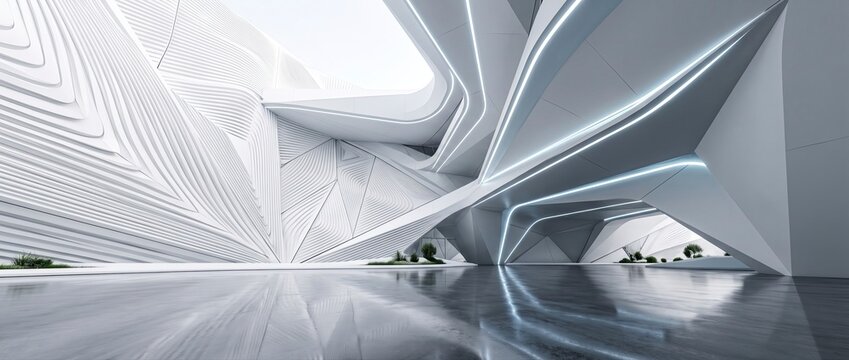 White futuristic interior design with abstract shapes and neon lights