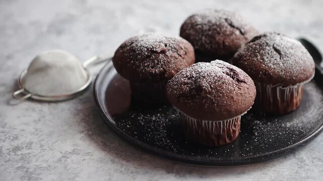 Chocolate muffins dusted with powdered sugar on a black plate beside a metal, food background