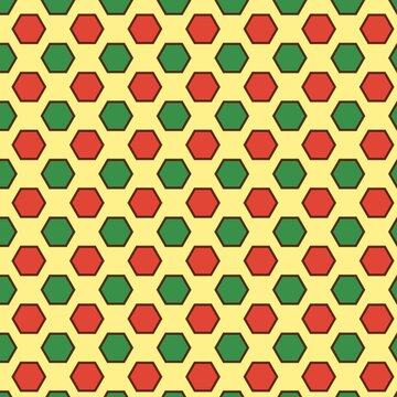 Hexagonal pattern with red and green shapes on a light background