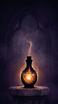 Magical Glowing Potion Bottle on Ancient Rune Stone Pedestal in a Mystical Gothic Environment with Large Copy Space for Halloween or Fantasy Advertising