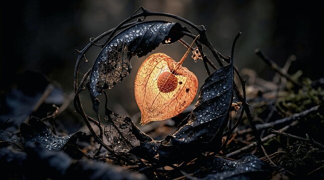Macro photography of an illuminated physalis lantern fruit glowing softly inside a ring of dark wet skeletonized leaves