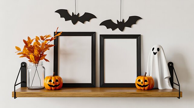 Halloween home decor with black picture frames hanging bats pumpkins and a white ghost on a wooden shelf