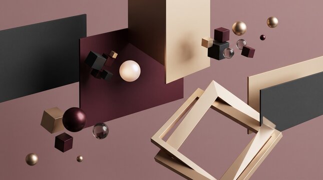 Modern geometric art composition featuring cubes spheres and frames
