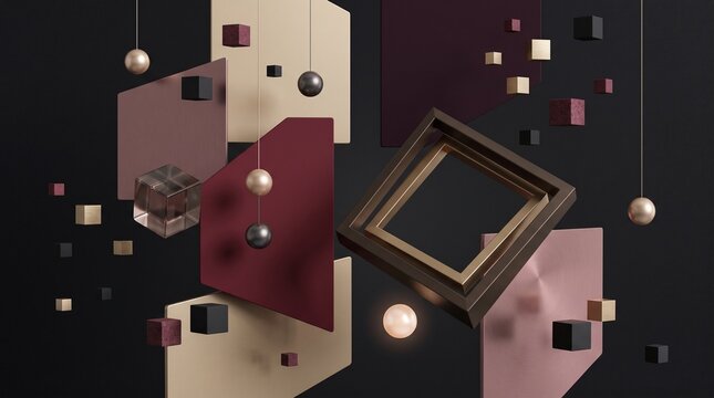 Modern geometric art composition featuring floating cubes gold