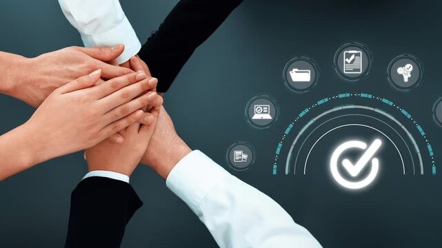 A group of diverse hands coming together represents teamwork and collaboration in a professional setting. A digital checkmark suggests successful business processes. Raster