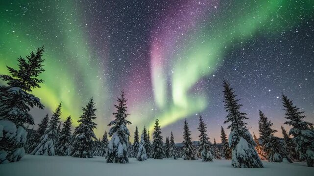 Northern lights ripple over snow covered pine forest. Bright green arcs and pink streaks spread through crisp night sky as stars stay visible above dark treetops beneath swirling aurora ribbons.