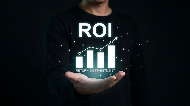 Businessman holding a glowing ROI and growth chart representing financial return