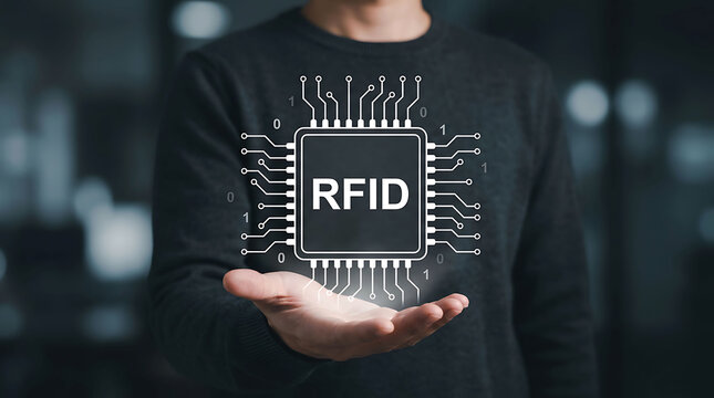 Man holding glowing RFID chip graphic in hand representing wireless tracking tech