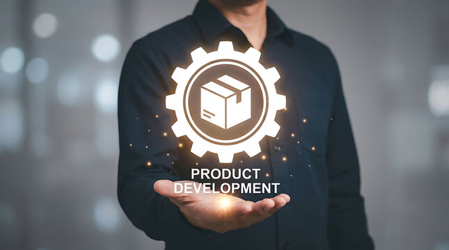 Businessman holding glowing product development icon with gear and package