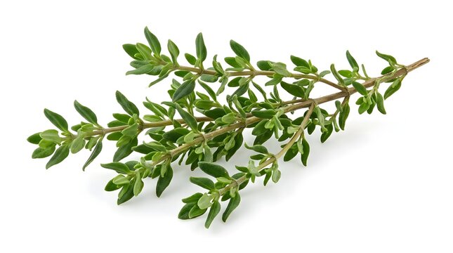 Fresh thyme herb sprig isolated on a white background. High-quality macro shot of aromatic organic culinary herb used for cooking and seasoning. Thyme branch with small green leaves and stem.