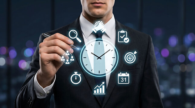 Businessman pointing at glowing management clock and productivity business icons