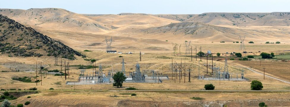 Panorama of a switching station operating near the Yellowtail Hydroelectric Dam at Fort Smith, Montana, USA