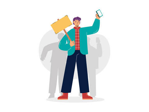 A demonstrator holding a blank placard and a smartphone. Protest illustrations. Flat vector concepts.
