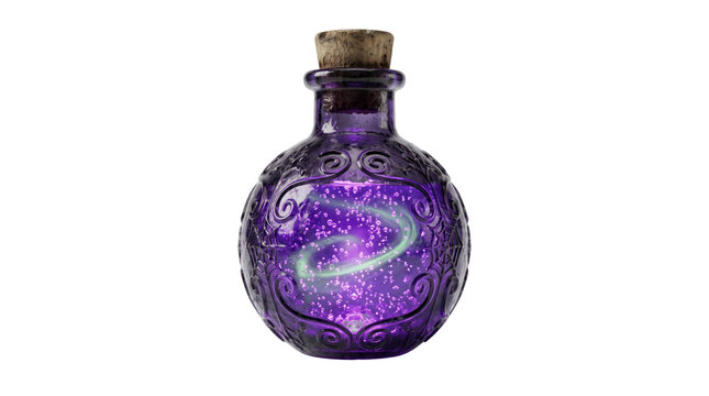 Ornate purple glass potion bottle with glowing magic swirl, bubbles and cork stopper