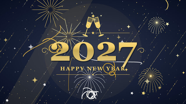 Happy New Year 2027 celebration background with golden typography fireworks champagne glasses and festive luxury party design