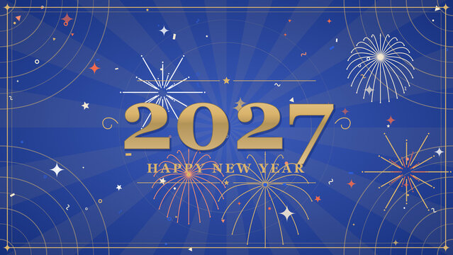 Happy New Year 2027 festive celebration background with gold typography fireworks confetti and elegant party design