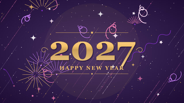 Happy New Year 2027 celebration background with golden typography fireworks confetti and elegant festive party design