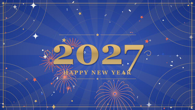 Happy New Year 2027 celebration background with golden typography fireworks decorative frame and festive party design