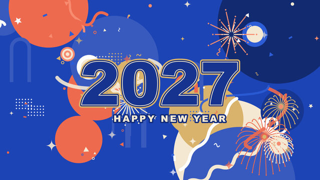 Happy New Year 2027 colorful festive background with balloons fireworks confetti and modern celebration typography