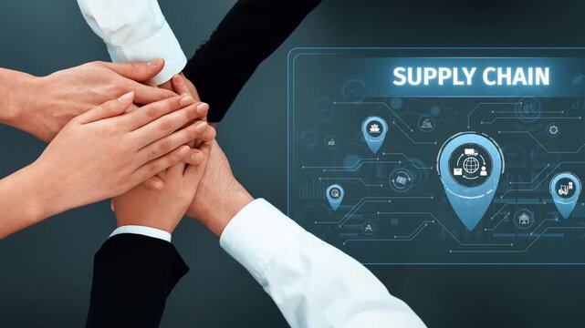 This image represents the concept of supply chain management, illustrating teamwork and collaboration through diverse hands and technology graphics, emphasizing unity in business operations. Raster