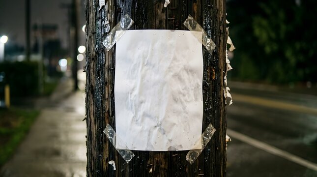 Blank white crumpled paper flyer taped onto a weathered dark wooden utility pole on a rainy night in the city, empty notice mockup for public announcement or lost poster on wet street side.