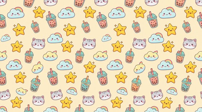 Kawaii pattern features cute cartoon boba tea cups, stars, and clouds on a soft yellow background.