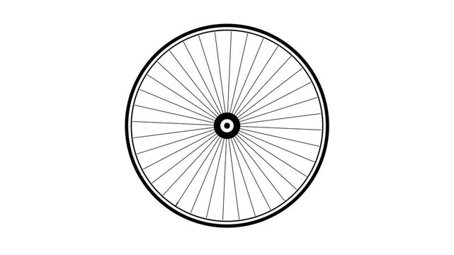Black and white vector animation of a bicycle wheel rotating smoothly around its central axle. Represents cycling, transportation, exercise, movement, mechanical engineering, fitness, and sustainable 