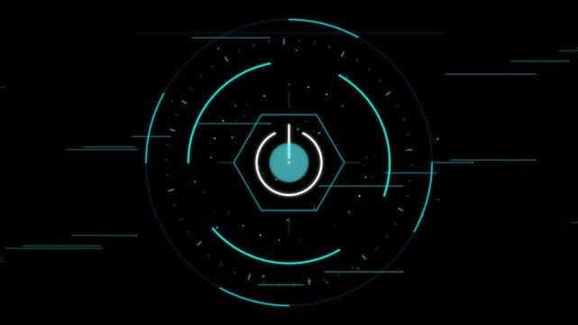 Blue digital power button symbol inside futuristic hud ring
