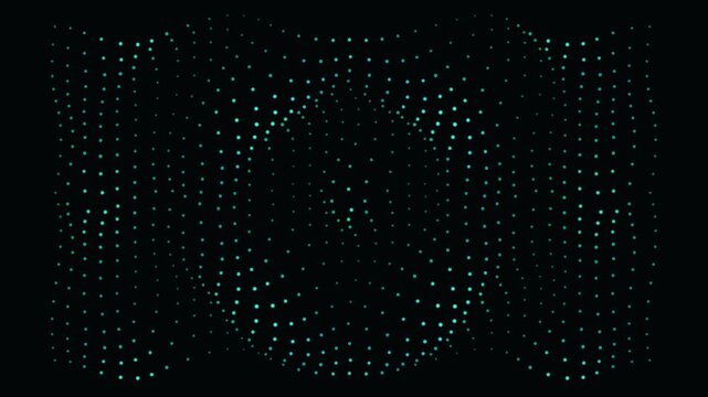 Abstract blue dotted wave motion field on black background dots