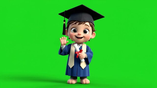 Cute cartoon graduate boy waving hand with diploma on green screen background
