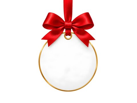 Blank white paper round christmas ball frame tag label card template hanging with shiny red ribbon and bow isolated on white background for christmas decoration 3D rendering