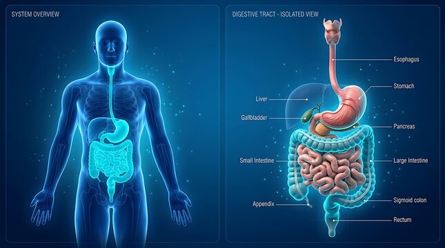 Anatomical diagram of human digestive tract and system