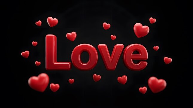 The word love in bold red letters surrounded by floating heart shapes on a black background