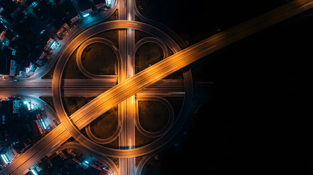 Aerial top view of a modern highway interchange cloverleaf junction at night with vibrant golden and blue light trails from traffic city transportation network infrastructure concept