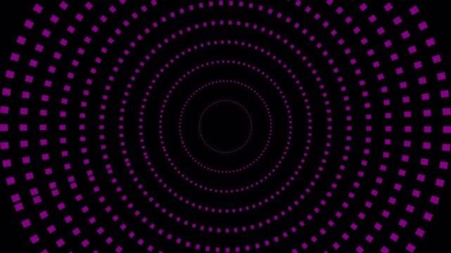 Abstract tunnel motion background featuring rotating concentric dashed circles and glowing dots in vibrant pink color loop with transparent background in 4k.