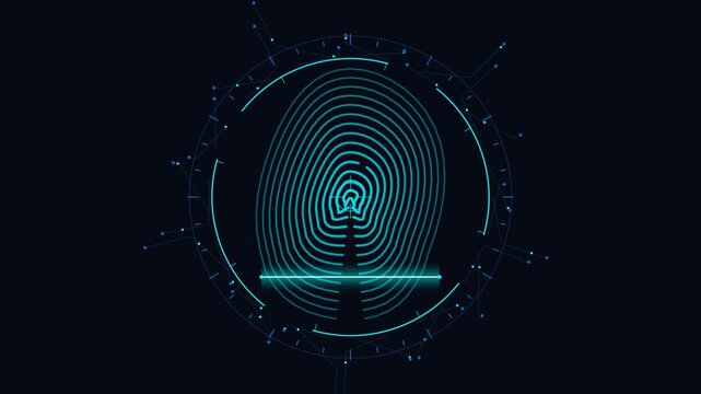 Glowing biometric fingerprint scanner interface with futuristic