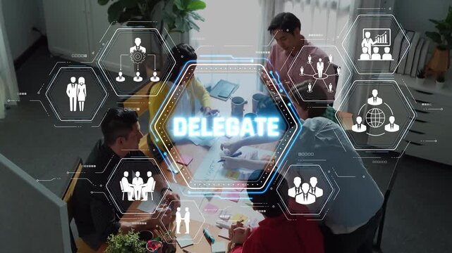 Team Collaboration for Business Strategy with Delegation Concept and Digital Icons in Modern Office Environment Sigmoid