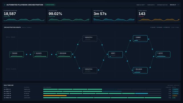 Automated playbook orchestration dashboard with workflow graph task progress, for 4k process automation, data management, business efficiency across teams