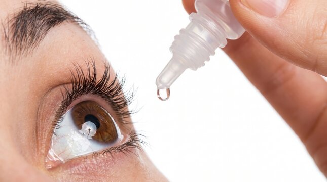 Close up of a woman applying lubricating eye drops into her brown human eye with medication plastic dropper
