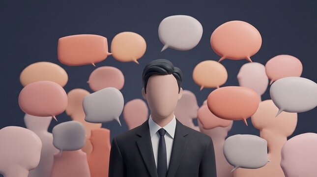 Faceless businessman in a black suit standing surrounded by numerous empty speech bubbles representing communication barriers and difficulty expressing emotions