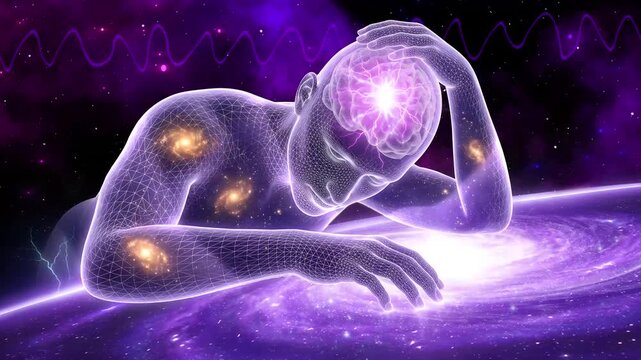 Glowing brain with electric waves inside human body of galaxies, brainwave frequency meditation concept in purple cosmos